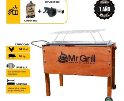  MR GRILL Medidas: 60 de Largo x 35 de Fondo x 50 Alto
Capacidad : 6 kg de carne de cerdo.