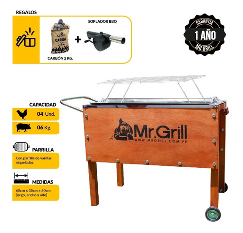 MR GRILL Medidas: 60 de Largo x 35 de Fondo x 50 Alto
Capacidad : 6 kg de carne de cerdo